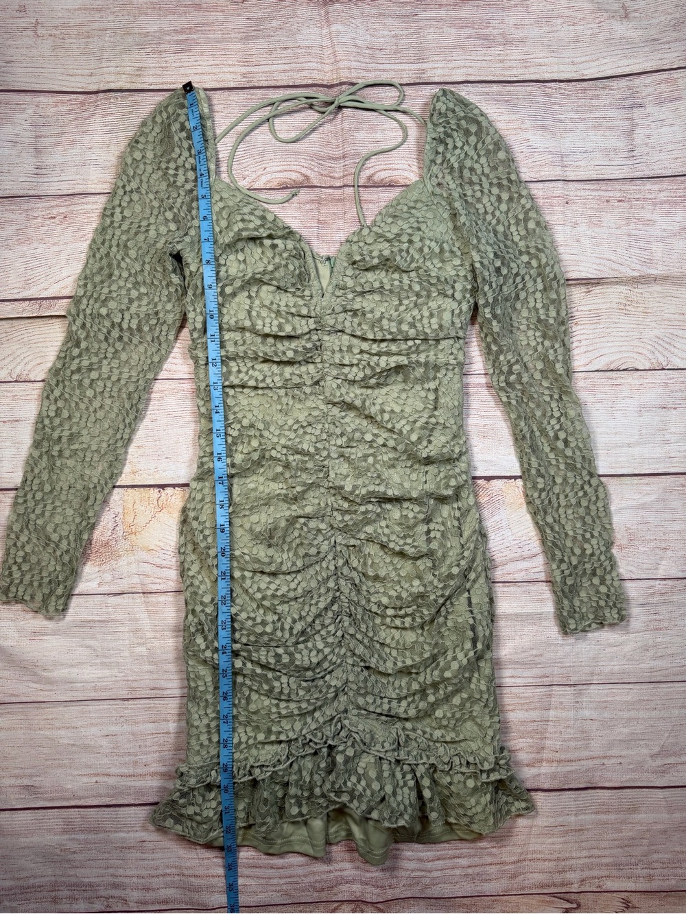 NWT‎ Selfie Leslie Olive Green Ruched Square Neck Lace Sheer Sleeve Mini Dress - Picture 4 of 13